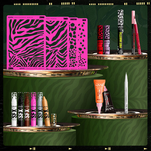 Espositore della collezione Party Animals di NYX Professional Makeup con palette trucco Zebra, Tiger, Cheetah e Deer, oltre ai prodotti SFX Paint Sticks, Butter Gloss, Fat Matte, Epic Ink Liner, Lid Lingerie e Lip Lingerie.