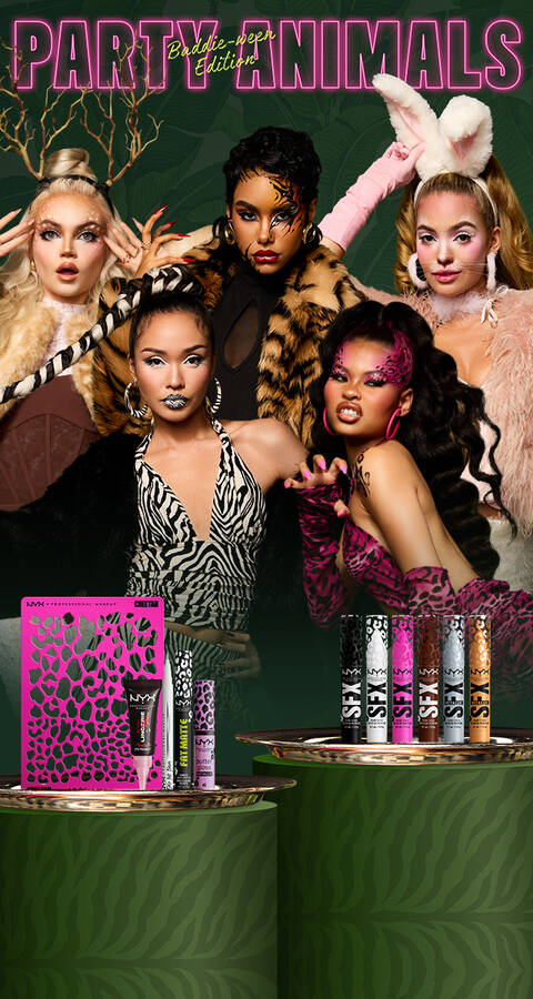 Banner della campagna 'Party Animals Baddie-wen Edition' di NYX Professional Makeup, con protagoniste cinque modelle con make-up e costumi ispirati agli animali, prodotti labbra in primo piano, una palette trucco Cheetah e la scritta al neon 'Party Animals