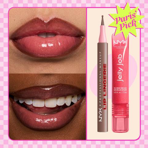 Primo piano di labbra lucide in due diverse tonalita di carnagione, accanto alla tinta matita labbra Lip Lingerie Lip Liner Stain di NYX Professional Makeup nella tonalita 05 Lip Lock e al lucidalabbra Jelly Job Full Bodied Shine Gloss nella tonalita 08 Jelly Kiss’d, con il bollino 'Paris Pick'.