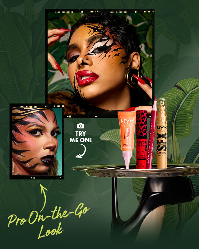 Look 'Teasin' Tigress' di NYX Professional Makeup con una modella caratterizzata da pittura viso con strisce di tigre, labbra rosse lucide e un cappotto in ecopelle con stampa animalier. Prodotti mostrati: Lid Lingerie Pumpkin Vice, SFX Paint Stick Gilded Grave, Lip Lingerie Stain Flirt Alert e Butter Gloss Blood