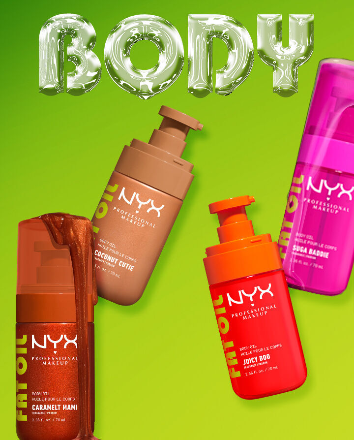 Packshot dei quattro NYX Professional Makeup Body Oil : Suga Baddie, Coconut Cutie, Juicy Boo e Caramelt Mami.