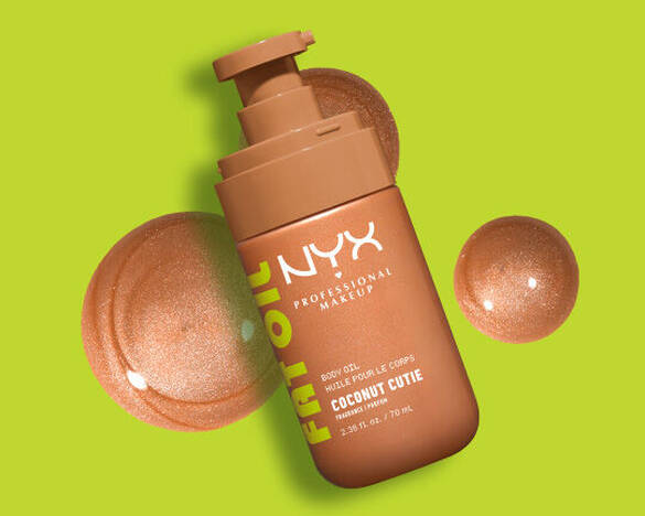NYX Professional Makeup Fat Oil Body Oil in Coconut Cutie with textured oil behind the packshot.