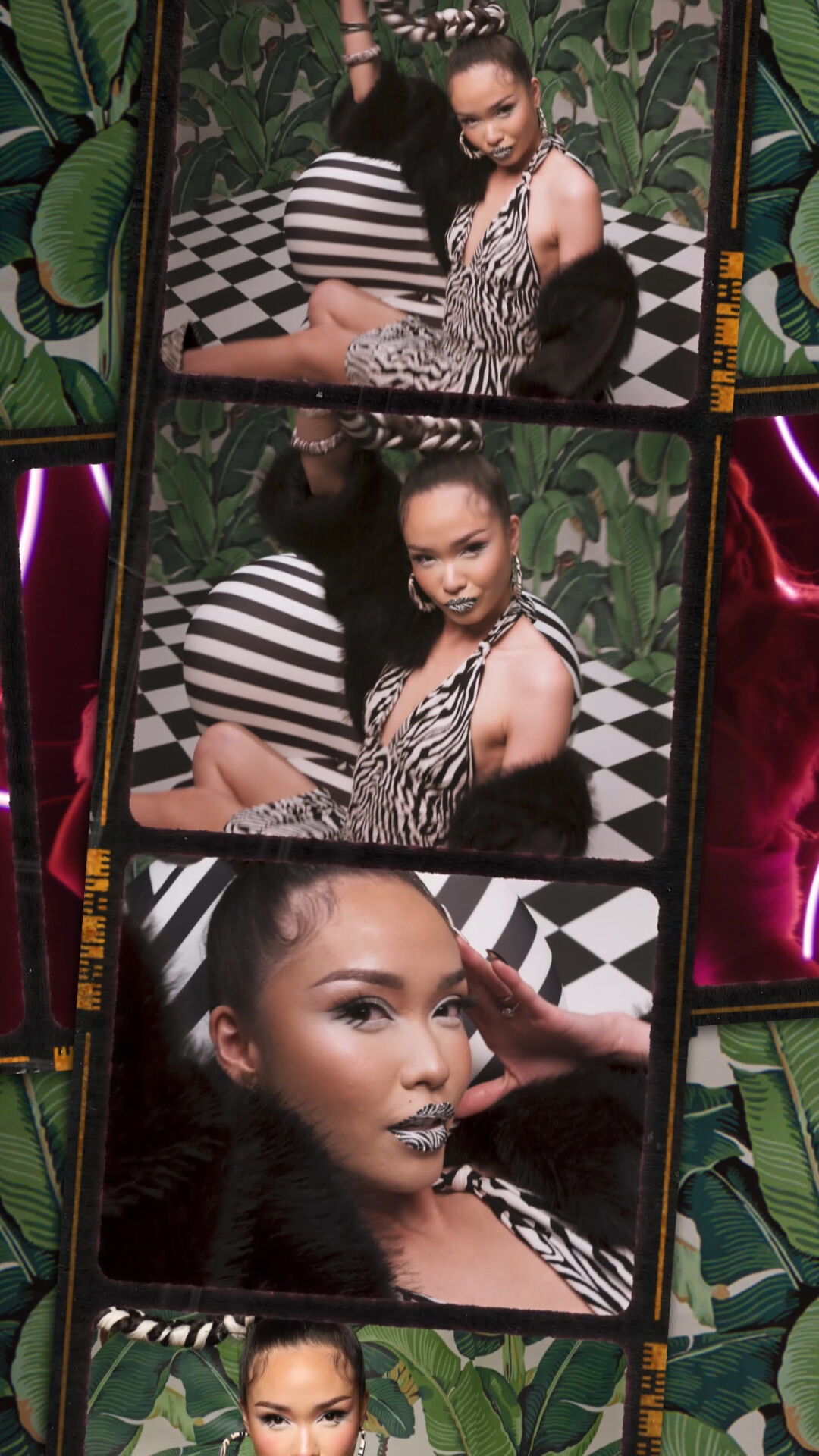 Collage della campagna NYX Professional Makeup con una modella con trucco ispirato alla zebra, outfit a righe e stola in ecopelle nera, incorniciata da ritratti a tema animale illuminati al neon