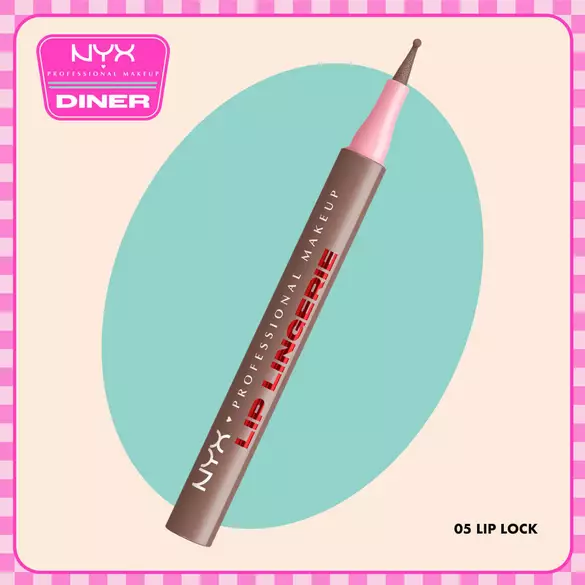 NYX Professional Makeup Lip Lingerie Lip Liner Stain in 05 Lip Lock shown on a beige background with a teal oval and NYX Diner logo