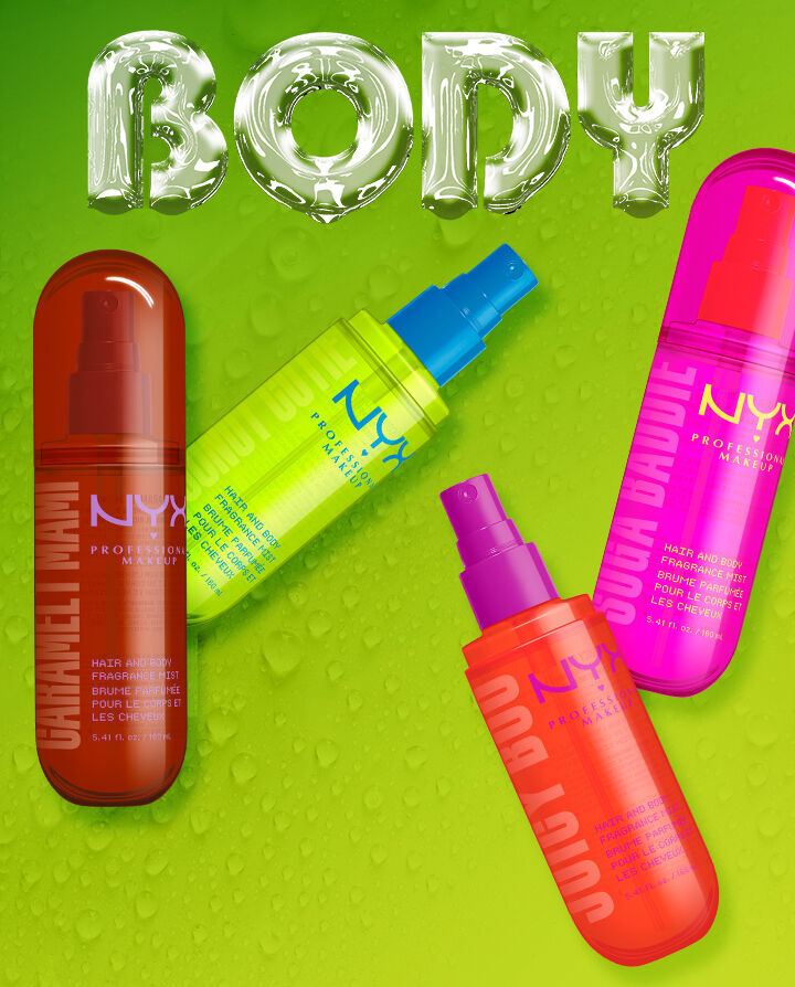 Packshot delle quattro fragranze corpo NYX Professional Makeup: Suga Baddie, Coconut Cutie, Juicy Boo e Caramelt Mami.