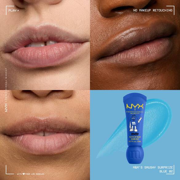 Balsamo labbra opaco NYX Professional Makeup M&M’S Smushy Surprize nella tonalita Blue (Blu), mostrato con un finish trasparente su labbra di diverse carnagioni.