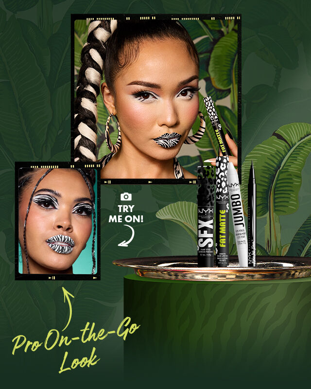 Look 'Zesty Zebra' di NYX Professional Makeup con una modella caratterizzata da labbra a strisce di zebra, trucco occhi grafico in bianco e nero e outfit a strisce. Prodotti mostrati: Epic Ink Liner Black, Jumbo Eye Pencil Milk White, SFX Paint Stick Night Crawler e Fat Matte Fatal Pout.