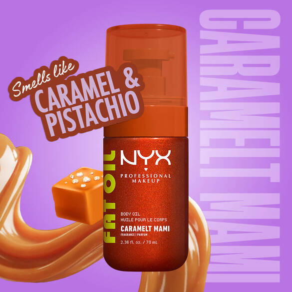 Olio corpo NYX Professional Makeup Fat Oil nella profumazione Caramelt Mami, in flacone bronzo dorato lucente con caramello; l'etichetta indica la fragranza al caramello e pistacchio, il tutto su sfondo viola.