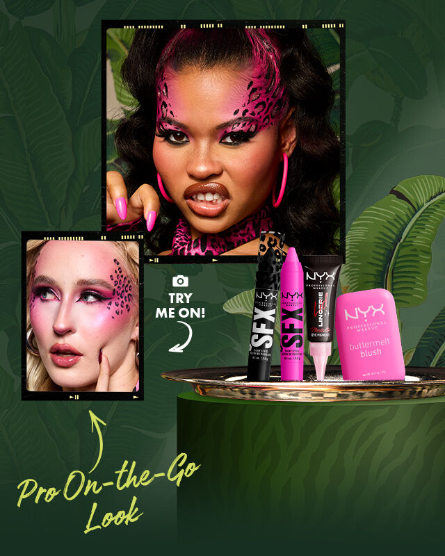Look 'Freaky Feline' di NYX Professional Makeup con una modella caratterizzata da un trucco viso con stampa leopardata rosa vivido, outfit rosa e unghie abbinate. Prodotti mostrati: Lid Lingerie Gothic Garter, SFX Paint Stick Night Crawler, SFX Paint Stick Pink Potions