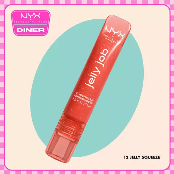 NYX Professional Makeup Jelly Job gloss in shade 12 Jelly Squeeze displayed diagonally on a beige background with a teal oval and NYX Diner logo.