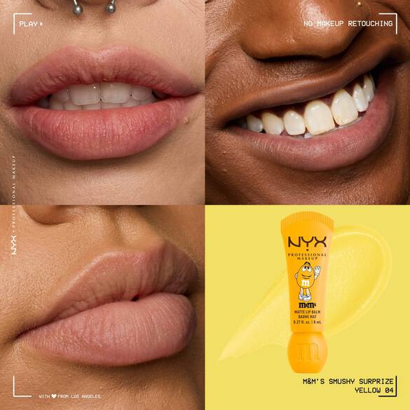 Balsamo labbra opaco NYX Professional Makeup M&M’S Smushy Surprize nella tonalita Yellow (Giallo), mostrato con un finish trasparente su labbra di diverse carnagioni.
