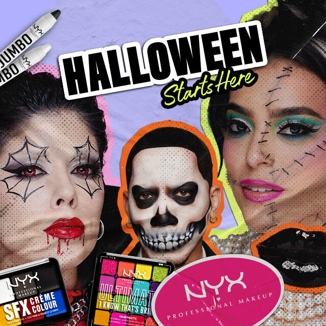 Banner di Halloween di NYX Professional Makeup con quattro look trucco creativi, tra cui ragnatela, teschio, mascherato e con cuciture sul viso, con la scritta "Halloween Starts Here" e prodotti trucco NYX.