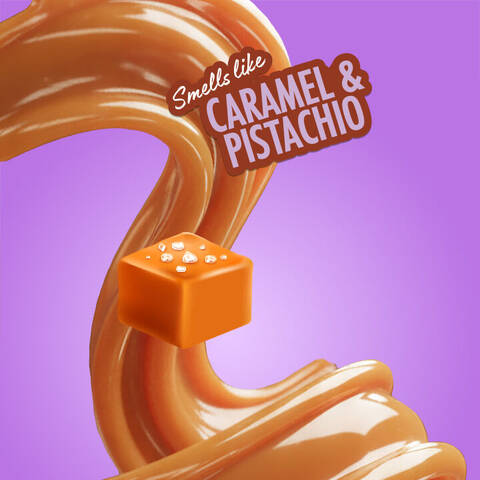 Una spirale di caramello con un cubetto di caramello e la scritta 'Profuma di caramello e pistacchio' su sfondo viola, a rappresentare la fragranza NYX Caramelt Mami.
