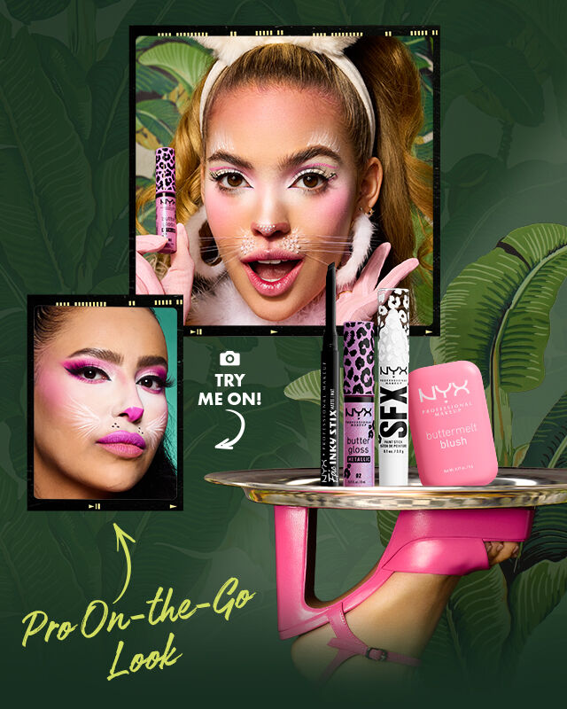 Look 'Bratty Bunny' di NYX Professional Makeup con una modella con orecchie da coniglietto, trucco occhi rosa, baffi e guance rosee. Prodotti mostrati: Epic Inky Stix Black Screen, SFX Paint Stick Giving Ghost, Buttermelt Blush Butta Together e Butter Gloss Violet Vixen.