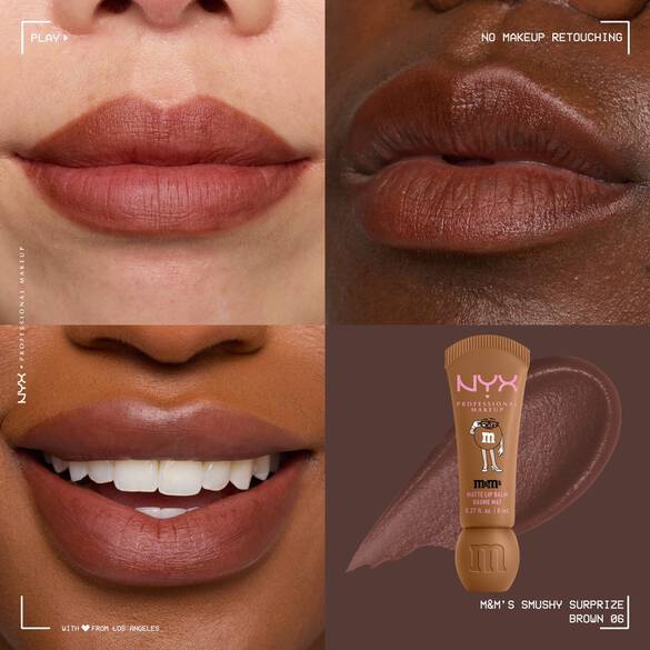 Balsamo labbra opaco NYX Professional Makeup M&M’S Smushy Surprize nella tonalita Brown (Marrone), mostrato con un finish opaco marrone su labbra di diverse carnagioni.