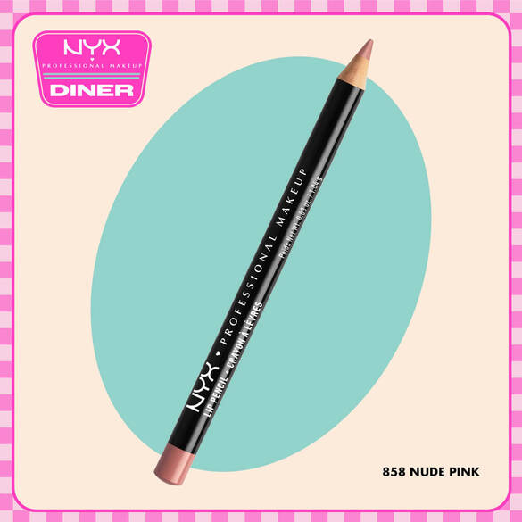 NYX Professional Makeup Slim Lip Pencil in 858 Nude Pink shown on a beige background with a teal oval and NYX Diner logo