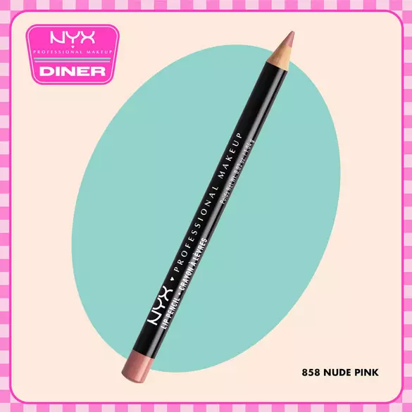 NYX Professional Makeup Slim Lip Pencil in 858 Nude Pink shown on a beige background with a teal oval and NYX Diner logo