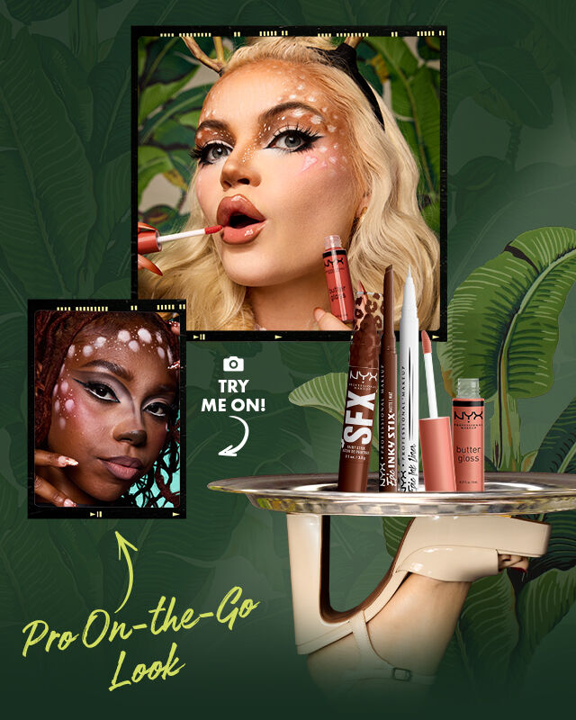 Look 'Doe-Eyed Diva' di NYX Professional Makeup con una modella caratterizzata da macchie bianche da cerbiatto, occhi definiti e labbra nude effetto glossy. Prodotti mostrati: Epic Ink Liner Phantom Lines, SFX Paint Stick Cocoa Cult, Epic Inky Stix Ember Energy e Butter Gloss Bit