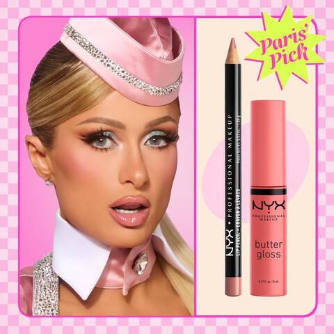 Paris Hilton in un look rosa ispirato allo stile diner, con labbra nude e lucide, accanto alla matita labbra Slim Lip Pencil nella tonalita 858 Nude Pink e al lucidalabbra Butter Gloss nella tonalita 05 Creme Brulee, con il bollino 'Paris Pick'.