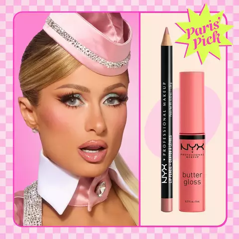 Paris Hilton in un look rosa ispirato allo stile diner, con labbra nude e lucide, accanto alla matita labbra Slim Lip Pencil nella tonalita 858 Nude Pink e al lucidalabbra Butter Gloss nella tonalita 05 Creme Brulee, con il bollino 'Paris Pick'.