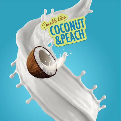 Uno splash di liquido bianco con un cocco tagliato a meta e la scritta 'Profuma di cocco e pesca' su sfondo blu, a rappresentare la fragranza NYX Coconut Cutie.
