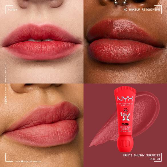 Balsamo labbra opaco NYX Professional Makeup M&M’S Smushy Surprize nella tonalita Red (Rosso), mostrato con un finish opaco rosso vibrante su labbra di diverse carnagioni.
