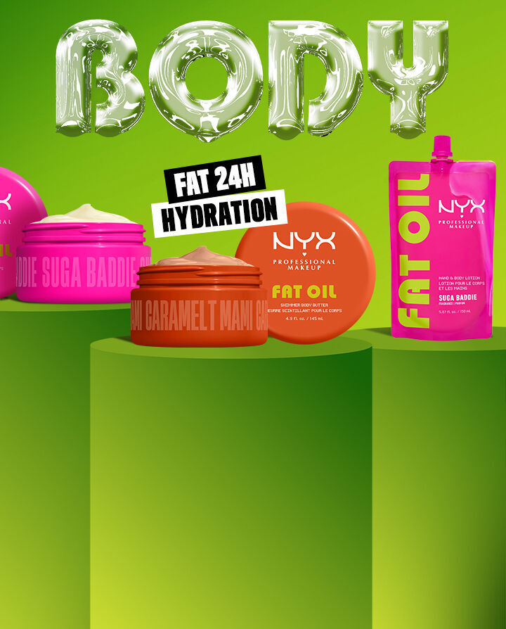 Prodotti burro e lozione corpo NYX Professional Makeup esposti su sfondo verde con la scritta 'BODY' in grassetto, caratterizzati da un packaging rosa e arancione vivace e l'etichetta "EXTRA Idratazione 24H".