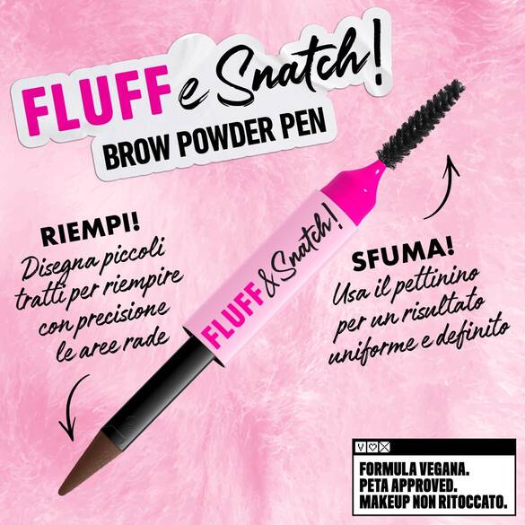 NYX Professional Makeup Fluff & Snatch brow pencil shown with a brown line drawn on a pink background, fluffy pink texture, and text highlighting vegan, cruelty-free, and no makeup retouching.