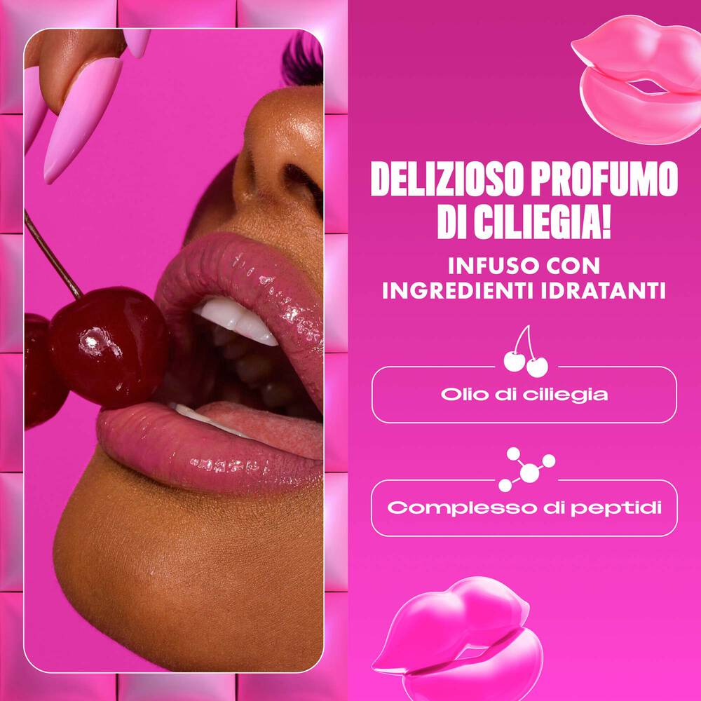 A vibrant ad for 'Jelly Job Smooth Shine Gloss' features a close-up of a person with glossy pink lips holding two cherries, set against a hot pink, padded background. Text highlights 'NO MAKEUP RETOUCHING' and 'JIGGLIN' IN A JUICY CHERRY SCENT!'