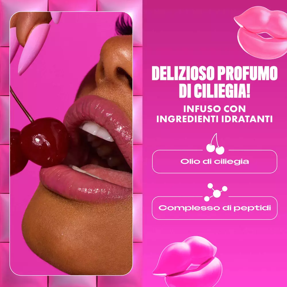 A vibrant ad for 'Jelly Job Smooth Shine Gloss' features a close-up of a person with glossy pink lips holding two cherries, set against a hot pink, padded background. Text highlights 'NO MAKEUP RETOUCHING' and 'JIGGLIN' IN A JUICY CHERRY SCENT!'