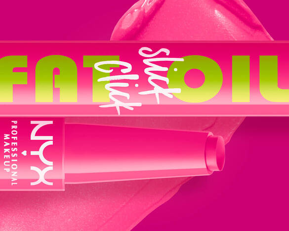 NYX Professional Makeup Fat Oil Slick Click su sfondo rosa acceso come il colore del prodotto con swatch di texture.