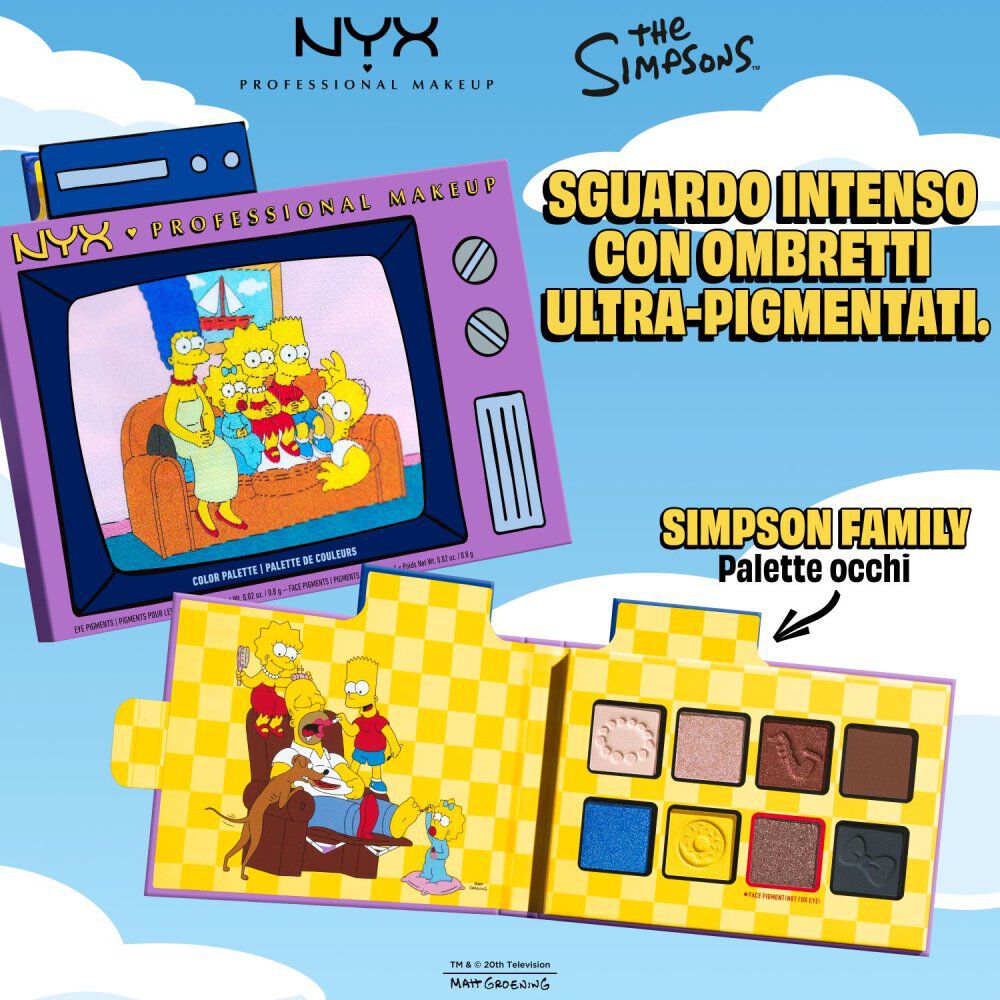 Packshot della palette di ombretti NYX The Simpsons Family Color Palette con testo sui benefici del prodotto e palette mostrata su sfondo blu.
