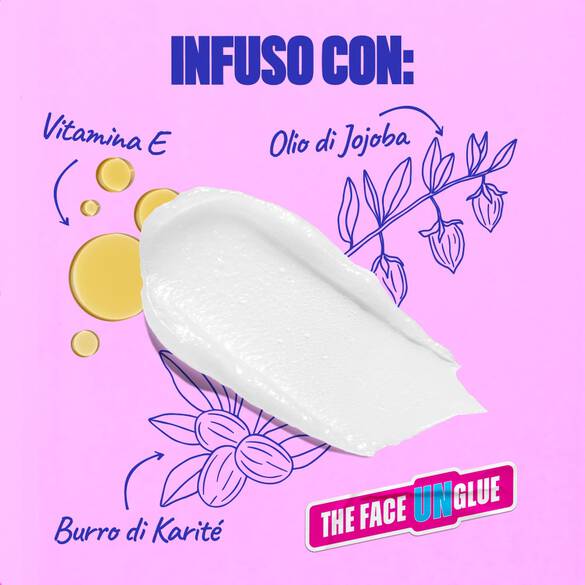 Texture del balsamo bianco con ingredienti illustrati: Vitamina E, olio di jojoba e burro di karite. Sfondo rosa con il logo "THE FACE UNGLUE" in basso a destra.