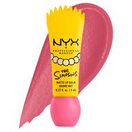 Packshot del balsamo labbra opaco NYX Professional Makeup The Simpsons Smushy Matte con swatch rosa e packaging giallo su sfondo bianco, tonalita 01 Smarty Pink.