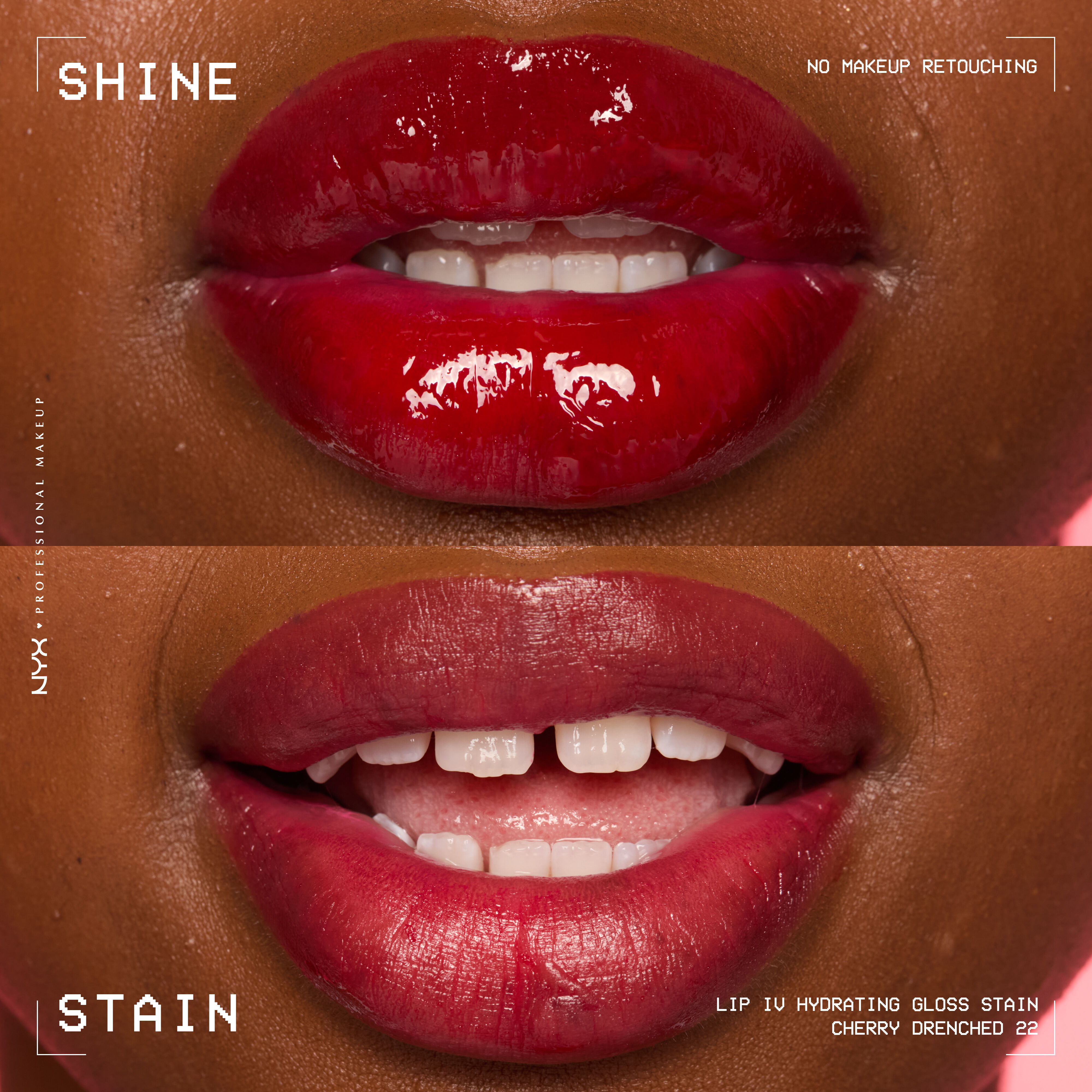 Confronto prima e dopo delle labbra con e senza la tinta labbra NYX Professional Makeup Lip IV Hydrating Gloss Stain nella tonalita 22 Cherry Drenched'.
