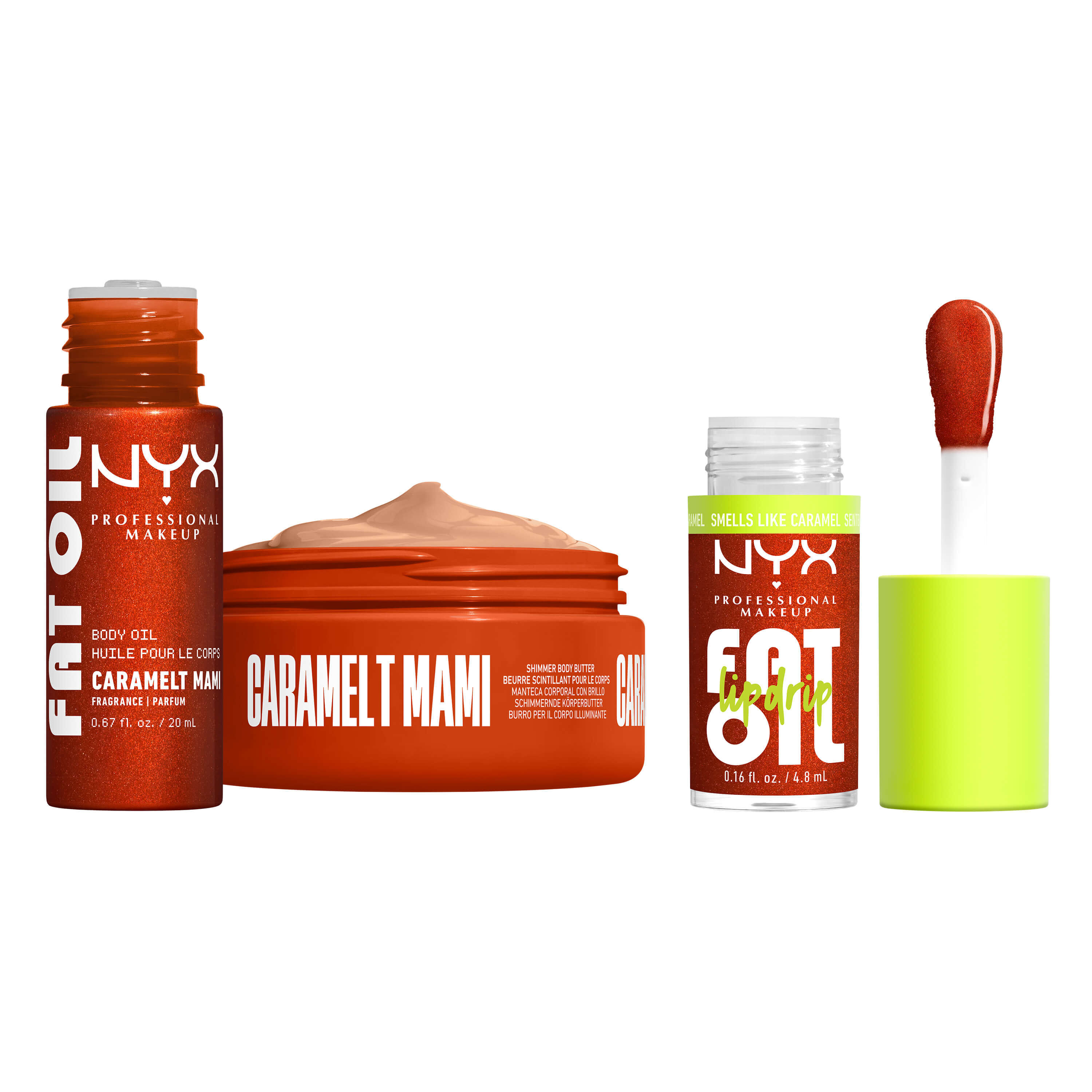 Gamma prodotti del kit labbra e corpo NYX Professional Makeup Caramelt Mami Fat Oil: include Fat Oil Lip Drip, mini burro corpo Fat Oil e mini olio corpo Fat Oil.