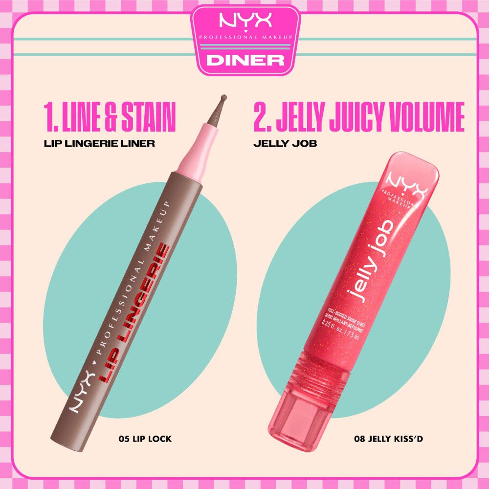 NYX Professional Makeup Lip Lingerie Lip Liner Stain nella tonalita 05 Lip Lock e Jelly Job Full Bodied Shine Gloss nella tonalita 08 Jelly Kiss’d mostrati come routine labbra in due step.