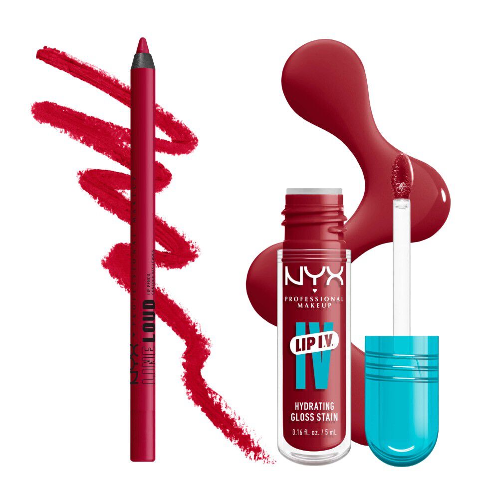 NYX Professional Makeup Line Loud Lip Liner nella tonalita 12 On A Mission e Lip I.V. Hydrating Lip Gloss Stain mostrati con swatches labbra abbinati su uno sfondo bianco.