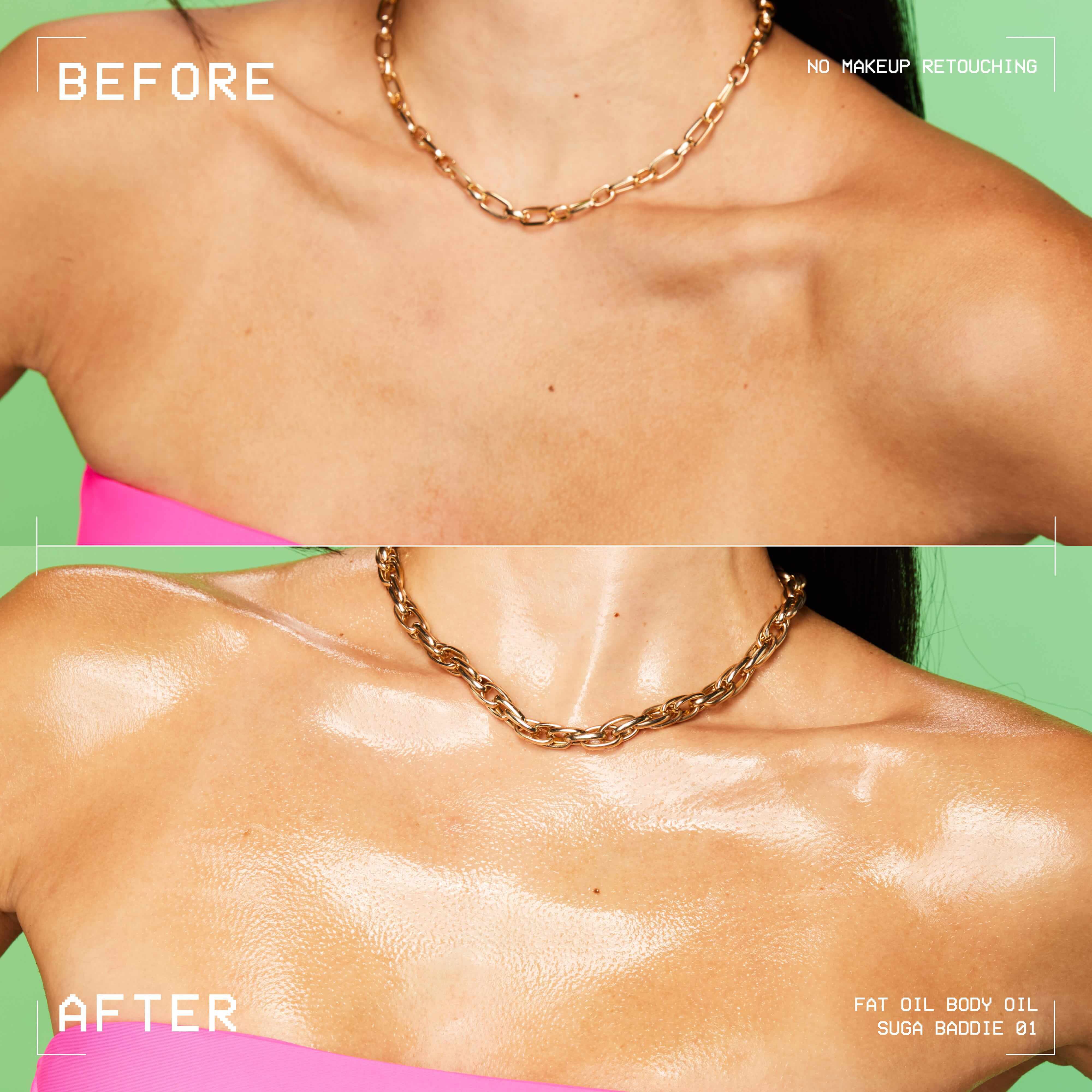 Confronto prima e dopo su clavicole e decollete con l'olio corpo NYX Professional Makeup Fat Oil (Suga Baddie); mostra un finish della pelle piu radioso e luminoso dopo l'applicazione.