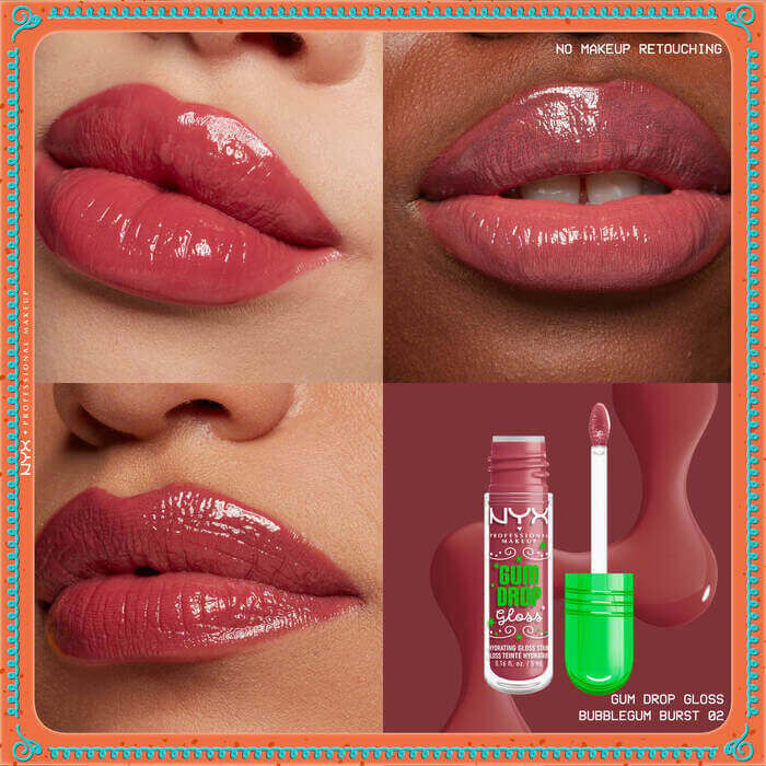 Griglia di labbra che indossano tre tonalita di gloss e tinta, con finish lucido su diverse carnagioni, insieme al prodotto NYX Professional Makeup Gum Drop Lip I.V. posizionato sopra uno swatch testurizzato e il codice colore esadecimale nella tonalita 02 Bubblegum Burst.
