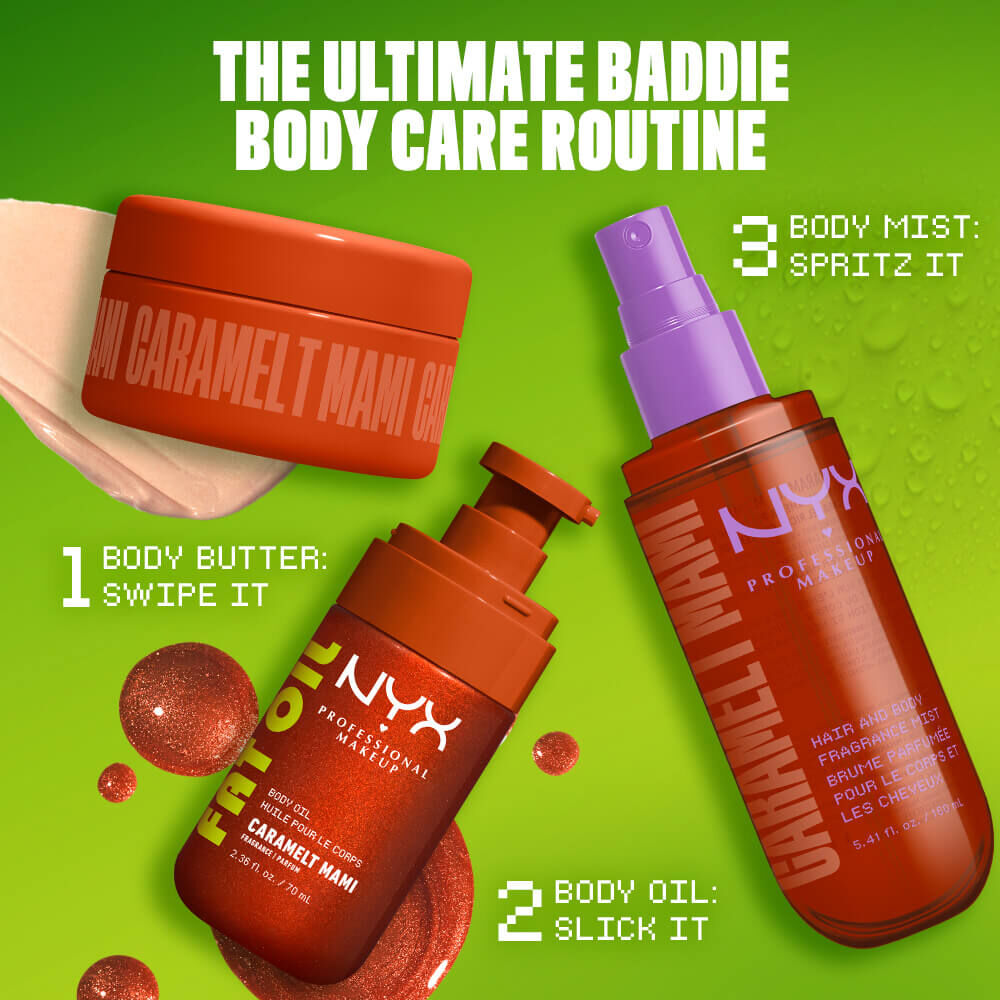 Routine corpo NYX Professional Makeup Caramelt Mami con burro corpo, olio corpo e spray profumato su sfondo verde; illustra i passaggi: stendi, leviga e nebulizza.