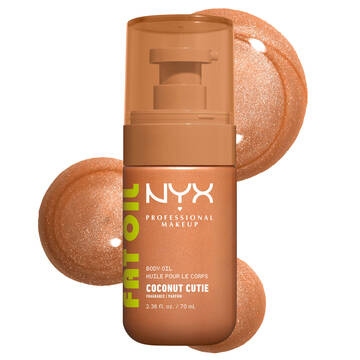 Olio corpo NYX Professional Makeup Fat Oil nella variante Coconut Cutie, mostrato in un flacone bronzo con campioni di texture bronzo scintillante su sfondo chiaro.