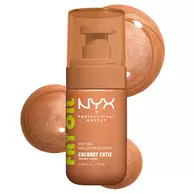 Olio corpo NYX Professional Makeup Fat Oil nella variante Coconut Cutie, mostrato in un flacone bronzo con campioni di texture bronzo scintillante su sfondo chiaro.