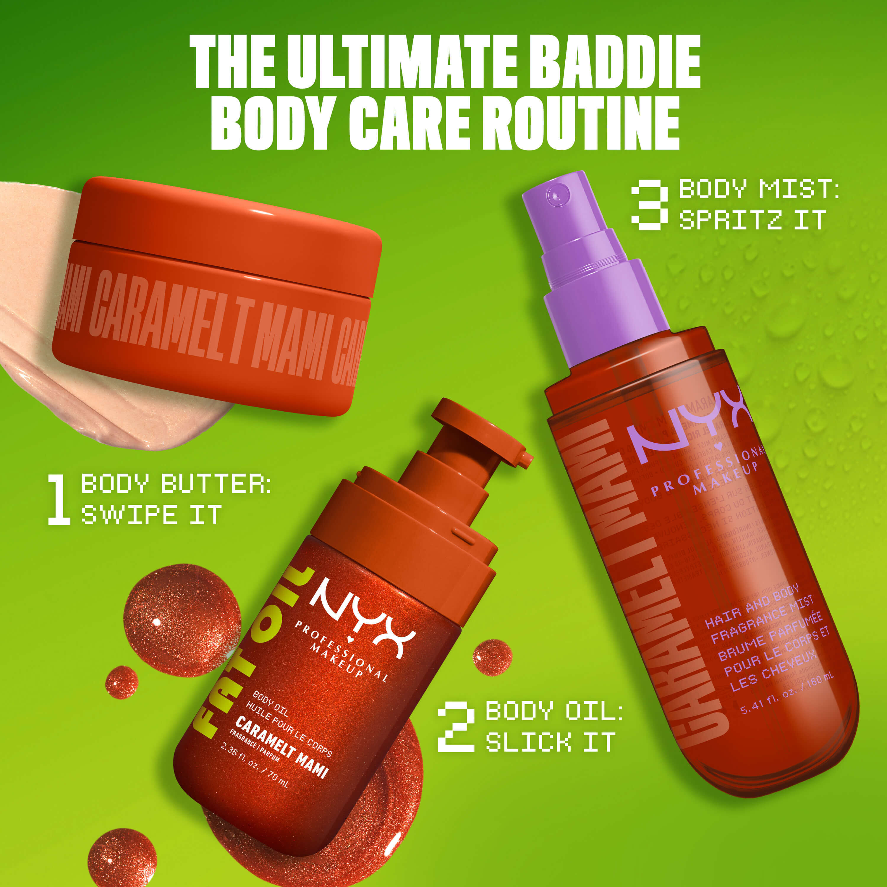 Routine corpo NYX Professional Makeup Caramelt Mami con burro corpo, olio corpo e spray profumato su sfondo verde; illustra i passaggi: stendi, leviga e nebulizza.