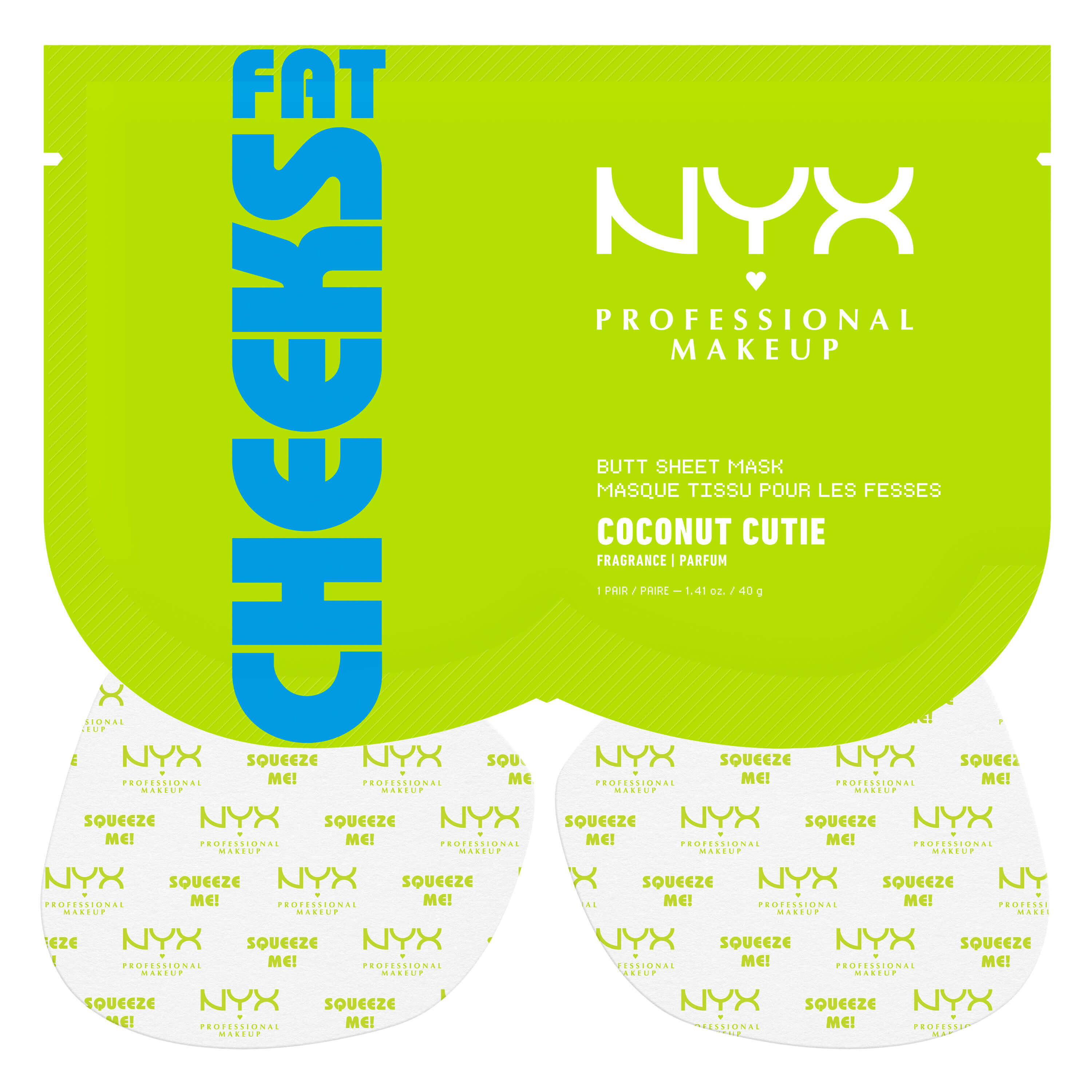Maschera in tessuto per i glutei NYX Professional Makeup Fat Cheeks (Coconut Cutie) mostrata nel suo packaging verde acceso con i due inserti in tessuto stampato posizionati sotto.