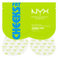 Maschera in tessuto per i glutei NYX Professional Makeup Fat Cheeks (Coconut Cutie) mostrata nel suo packaging verde acceso con i due inserti in tessuto stampato posizionati sotto.