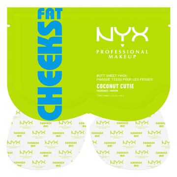 Maschera in tessuto per i glutei NYX Professional Makeup Fat Cheeks (Coconut Cutie) mostrata nel suo packaging verde acceso con i due inserti in tessuto stampato posizionati sotto.