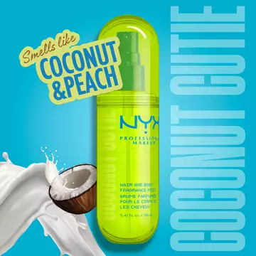Spray profumato capelli e corpo NYX Professional Makeup Suga Baddie in flacone spray rosa acceso su sfondo giallo; evidenzia la fragranza vaniglia e panna con una vivace grafica a schizzo.