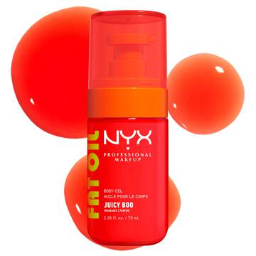 lio corpo NYX Professional Makeup Fat Oil nella variante Juicy Boo, mostrato in un flacone color corallo acceso con campioni di texture arancione brillante su sfondo chiaro.
