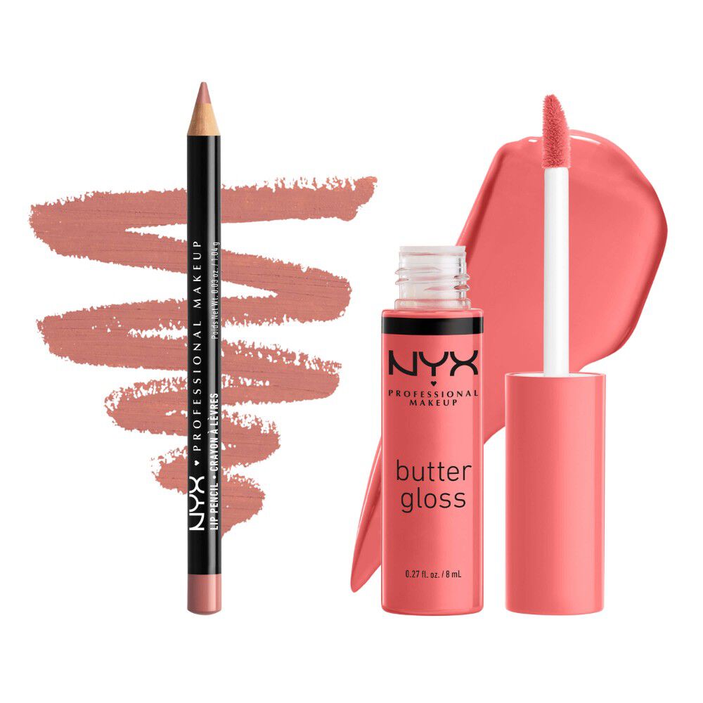 NYX Professional Makeup Slim Lip Pencil nella tonalita 858 Nude Pink e Butter Gloss nella tonalita 05 Creme Brulee mostrati con swatches labbra abbinati su uno sfondo bianco.